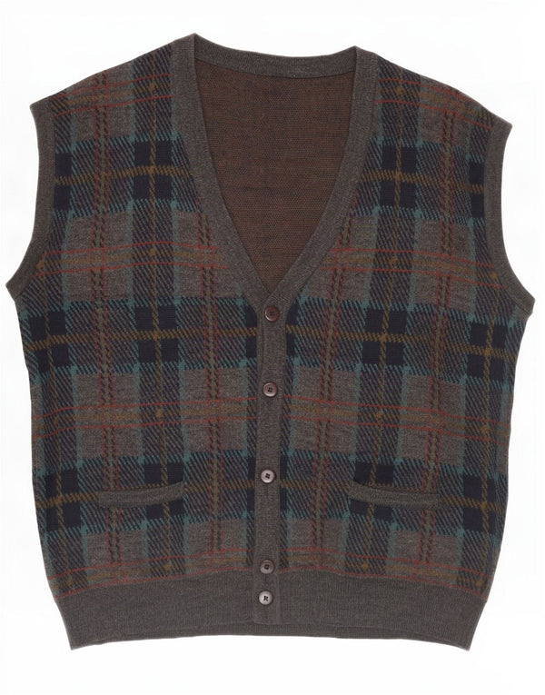 Vintage Herren Ärmelloser Cardigan Pullover IT 54 XL Grau karierte Wolle
