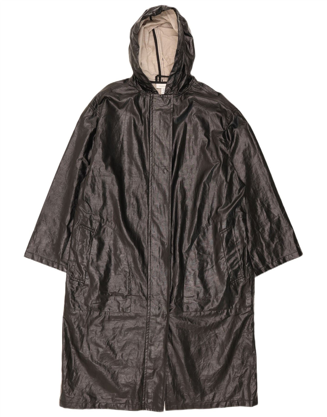 Topshop Damen-Regenmantel mit Kapuze, übergroß, UK 10, Größe S, Schwarz, Baumwolle