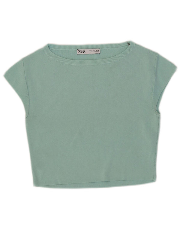 Zara Damen Crop T-Shirt Top UK 12 Medium Türkis Viskose