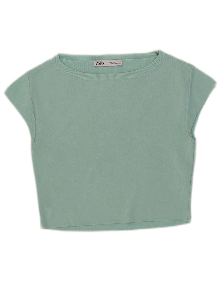Zara Damen Crop T-Shirt Top UK 12 Medium Türkis Viskose