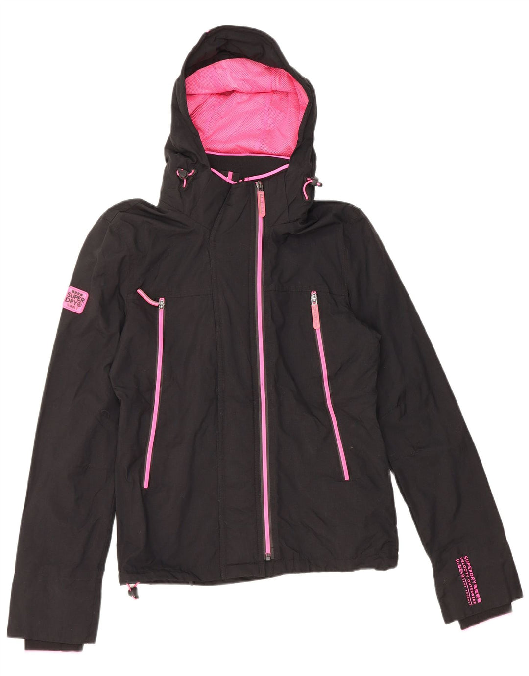 SUPERDRY Damen-Regenjacke mit Kapuze, UK 10, Größe S, schwarzes Nylon