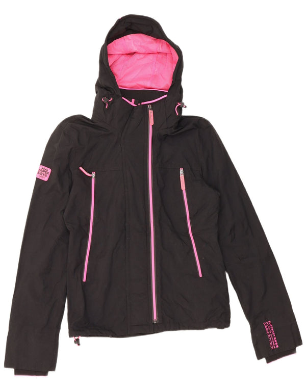 SUPERDRY Damen-Regenjacke mit Kapuze, UK 10, Größe S, schwarzes Nylon