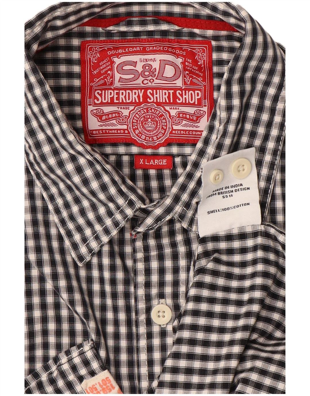 SUPERDRY Herrenhemd XL, schwarze Gingham-Baumwolle