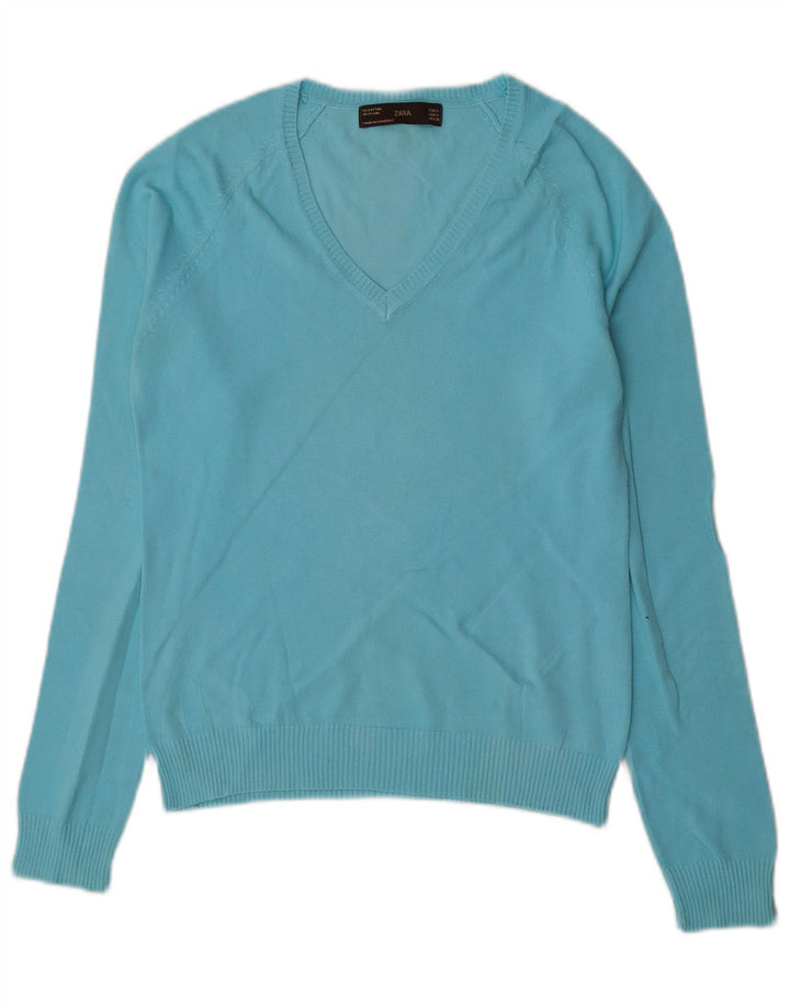 Zara Damen-Pullover mit V-Ausschnitt, UK 12, mittelblaue Baumwolle