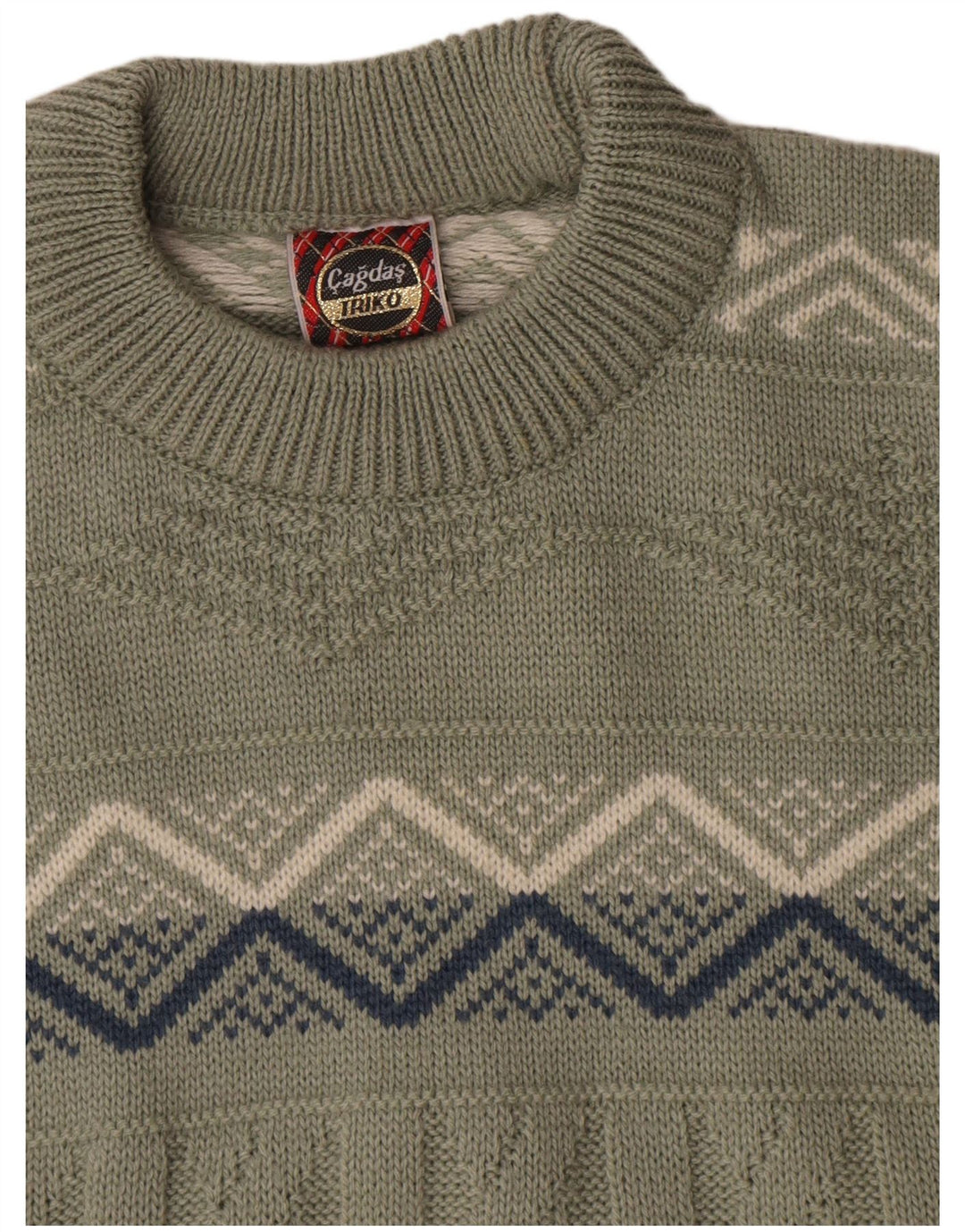 Vintage Herren-Pullover mit Rundhalsausschnitt, mittelgroße Khaki-geometrische Baumwolle