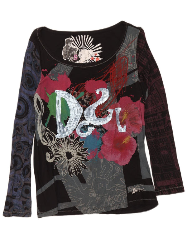 Desigual Womens Graphic Top Langarm UK 14 Mittelschwarze Viskose mit Blumenmuster