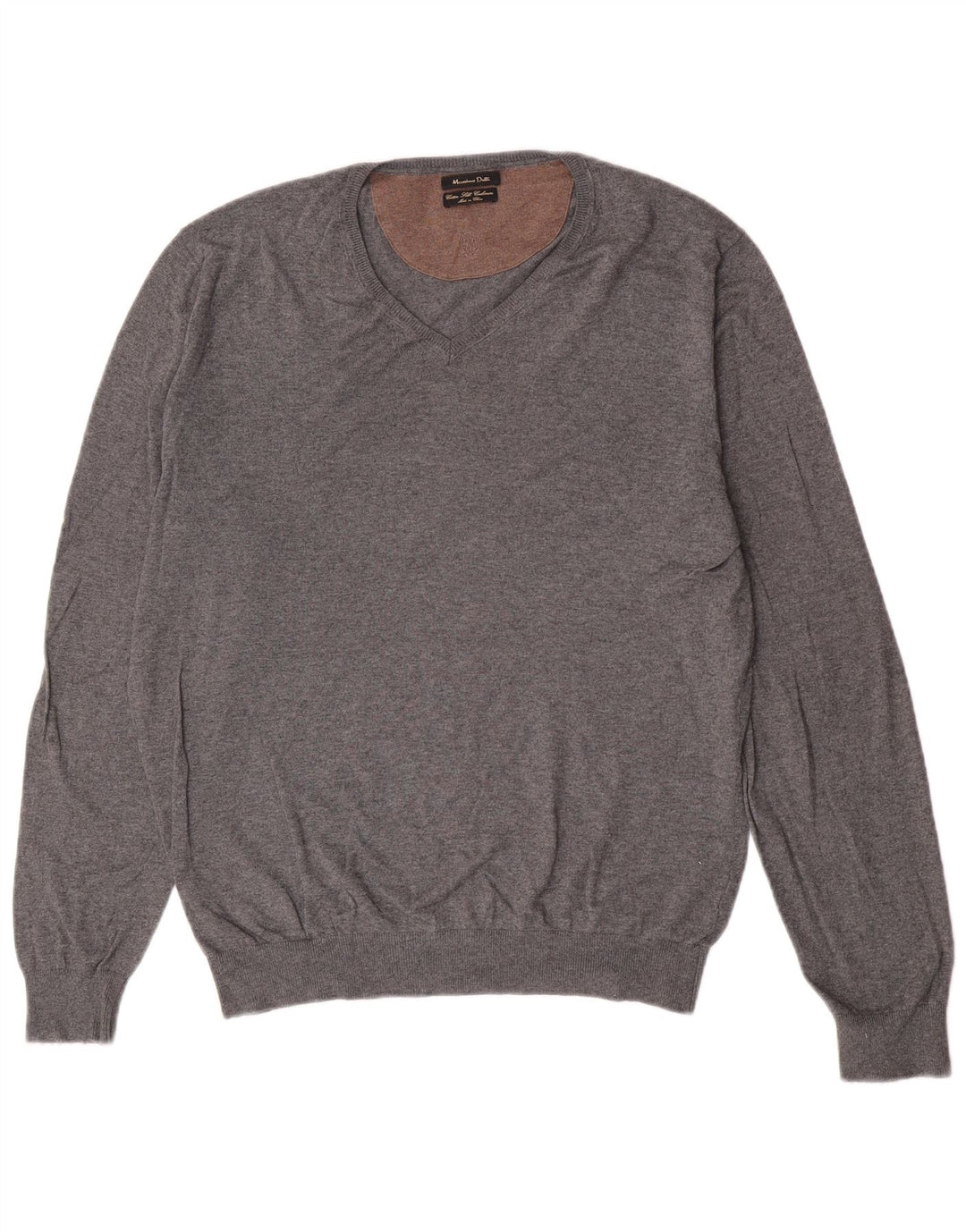 Massimo Dutti Herren-Pullover mit V-Ausschnitt, groß, grau, Baumwolle, klassisch