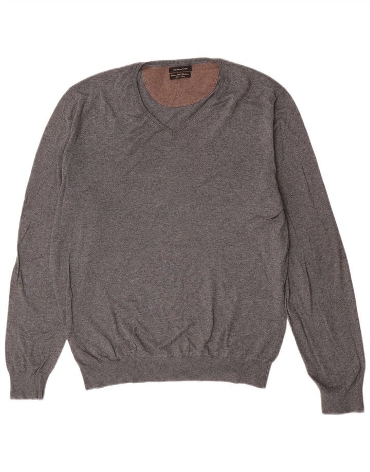 Massimo Dutti Herren-Pullover mit V-Ausschnitt, groß, grau, Baumwolle, klassisch