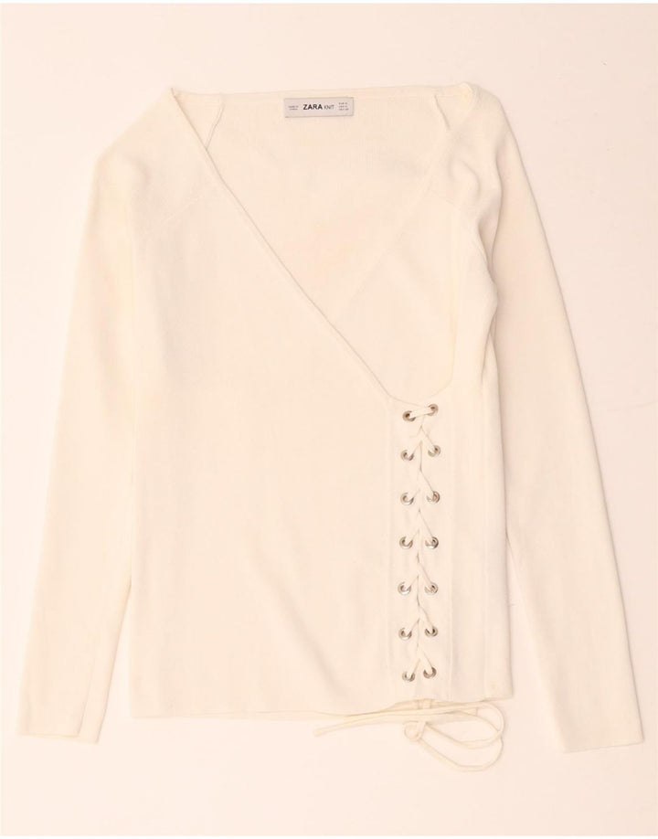 Zara Damen Langarm-Wickelblusenoberteil UK 8 Small Weiße Viskose