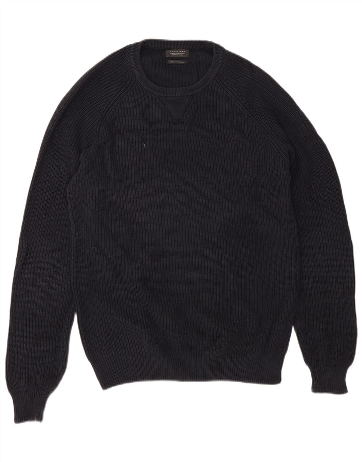 Zara Herren-Pullover mit Rundhalsausschnitt, mittlere marineblaue Baumwolle