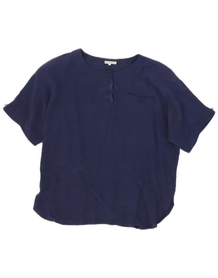 Vintage Damen Durchsichtiges Blusentop UK 16 Große marineblaue Seide
