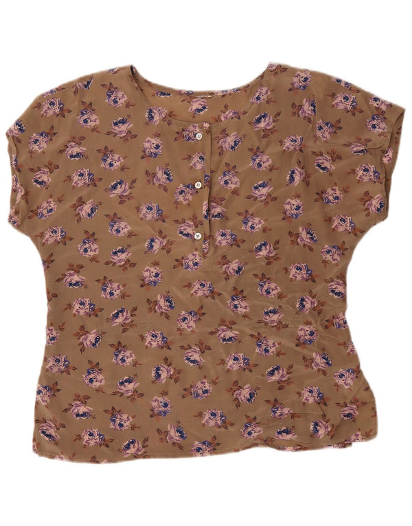 Vintage Damen Bluse Top UK 16 Großes Braunes Blumenmuster