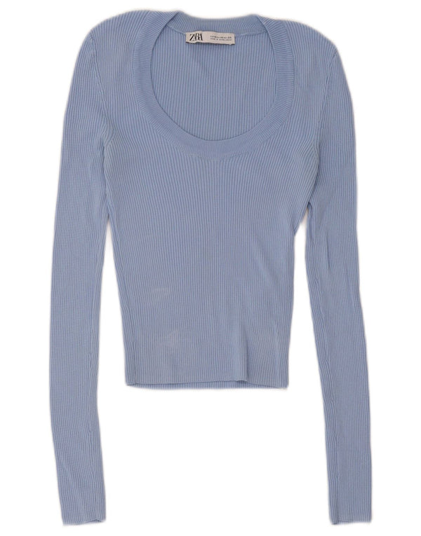 Zara Damen Crop Top Langarm UK 4 XS Blaue Viskose