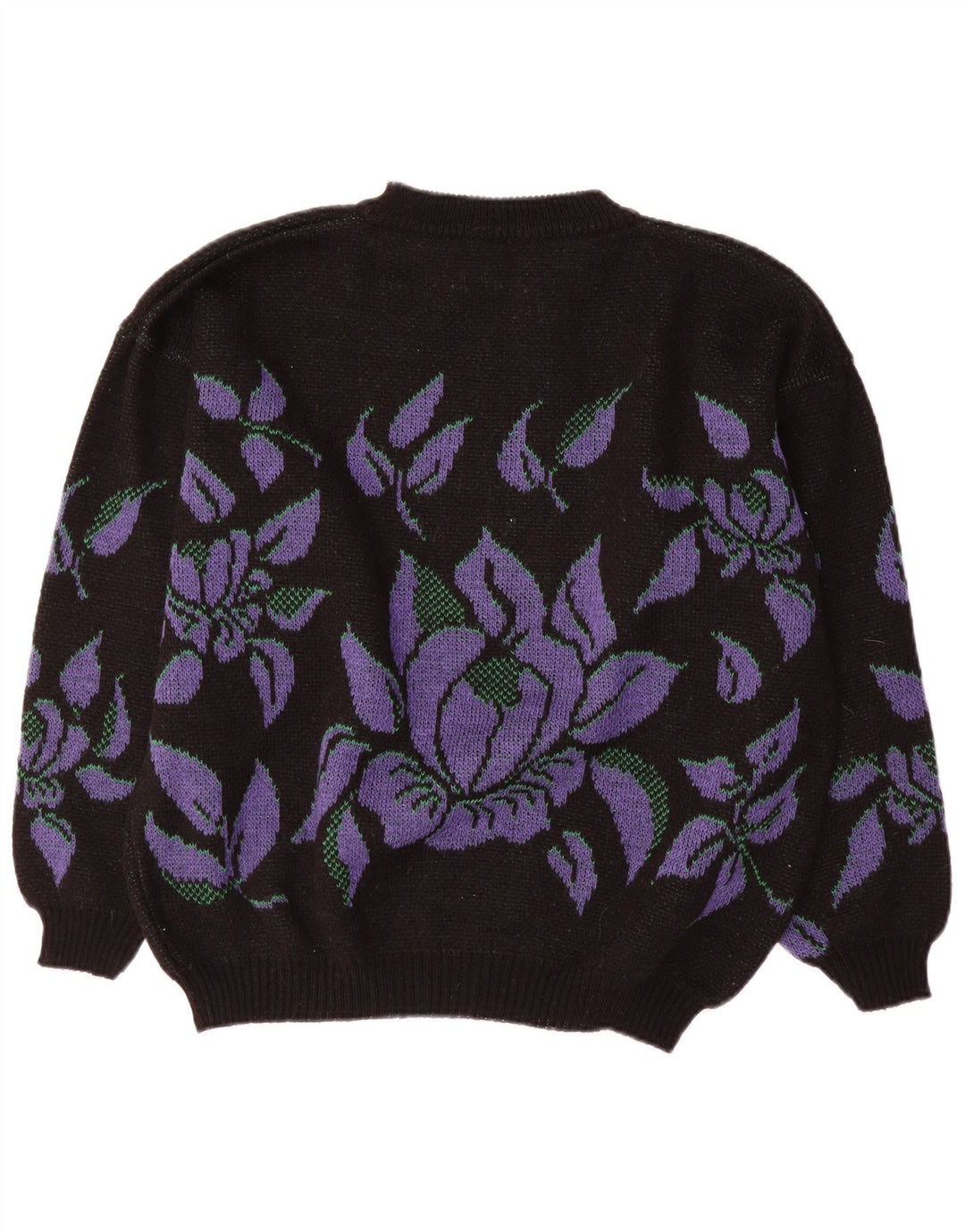 Vintage Damen Rollkragenpullover Pullover UK 14 Großes schwarzes Blumenmuster