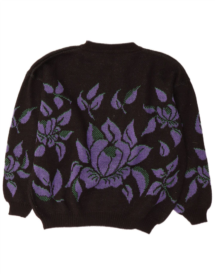 Vintage Damen Rollkragenpullover Pullover UK 14 Großes schwarzes Blumenmuster