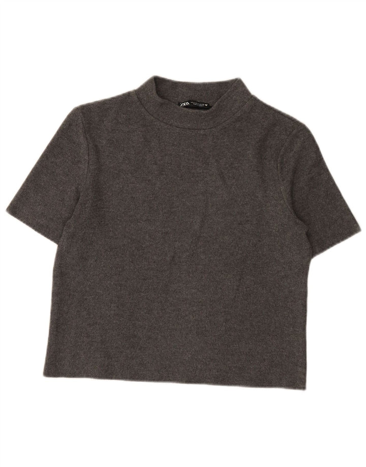 Zara Damen Crop T-Shirt Top UK 10 Small Grau Polyester