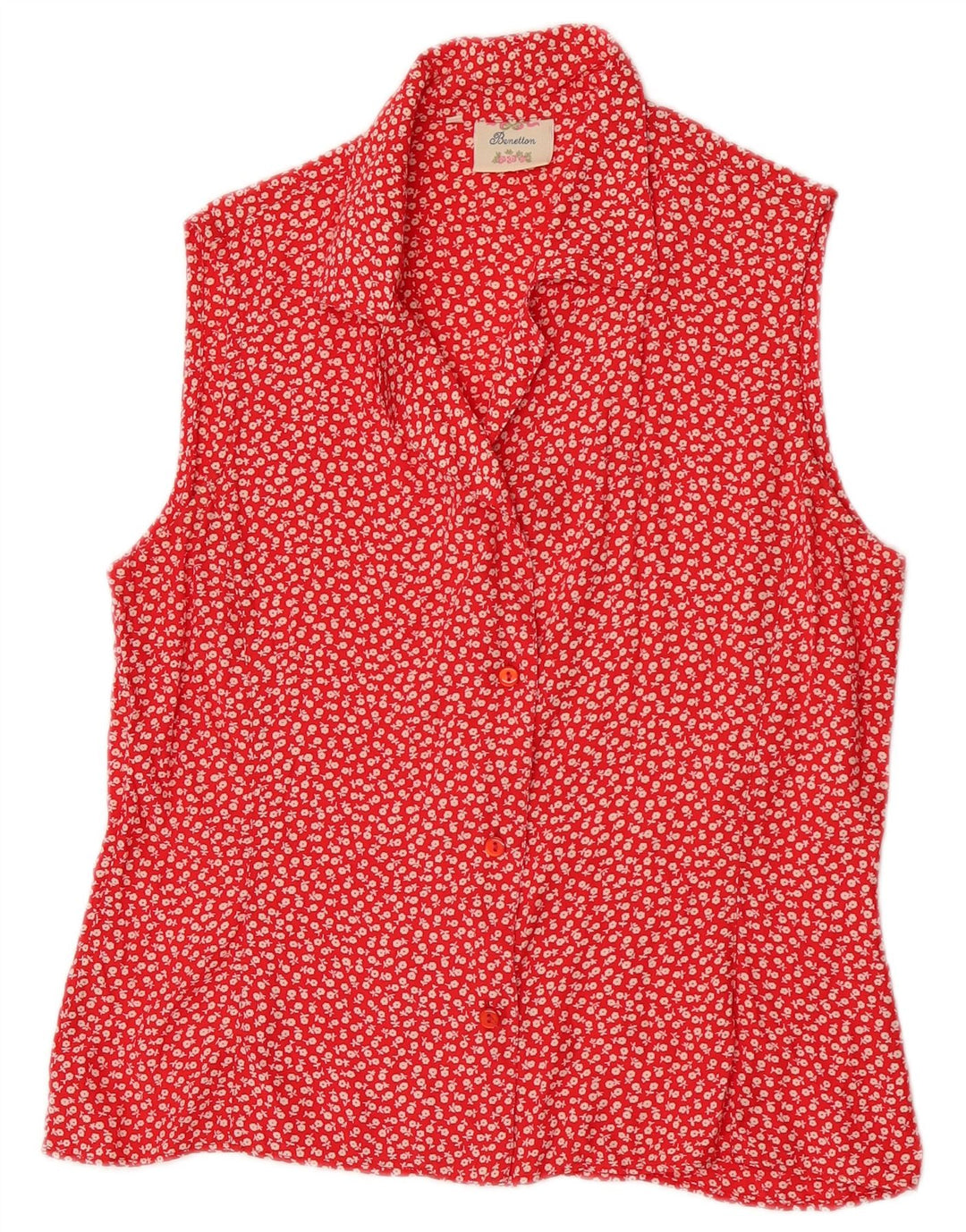 Benetton Damen ärmellose Hemdbluse IT 44 Mittelrote Viskose mit Blumenmuster
