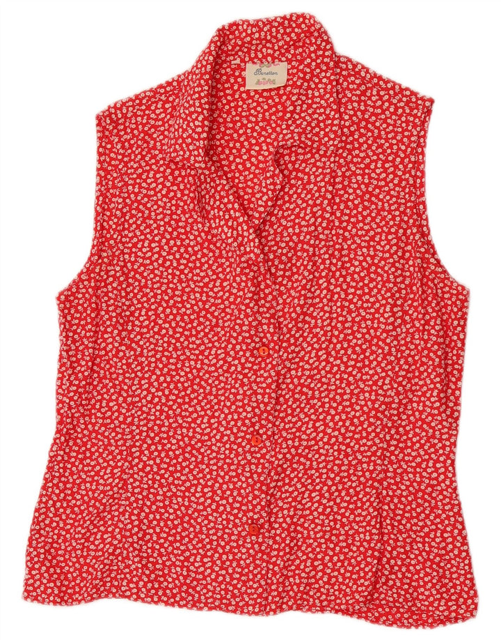 Benetton Damen ärmellose Hemdbluse IT 44 Mittelrote Viskose mit Blumenmuster