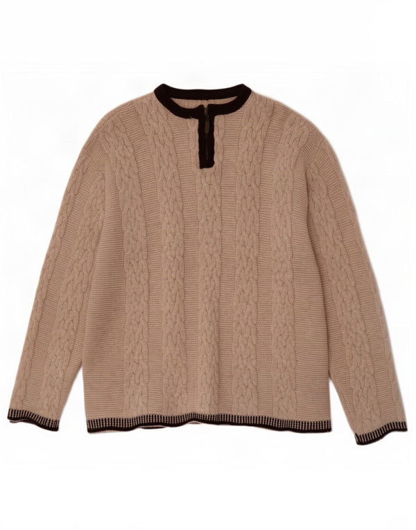 Vintage Herren-Pullover mit Reißverschluss am Hals, große beige Colourblock-Wolle