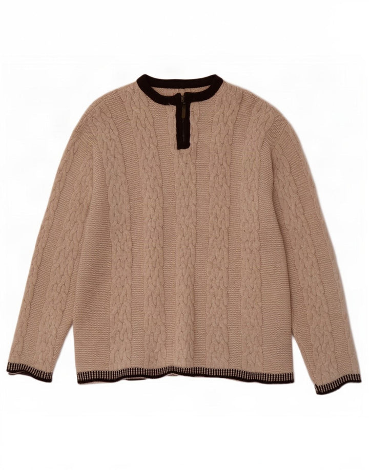 Vintage Herren-Pullover mit Reißverschluss am Hals, große beige Colourblock-Wolle