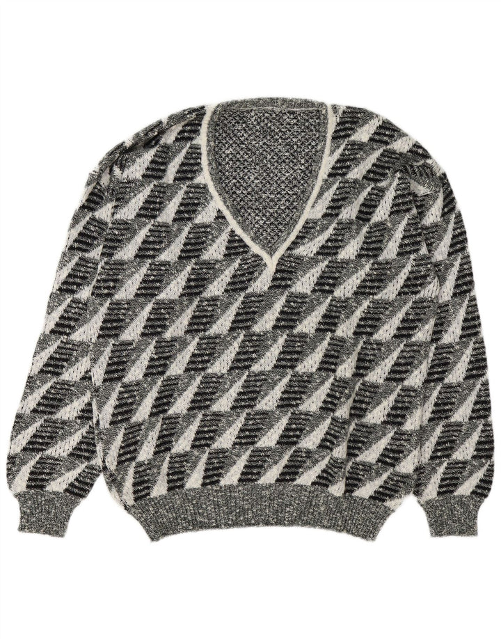 Vintage Herren Pullover mit V-Ausschnitt, groß, grau, geometrisch