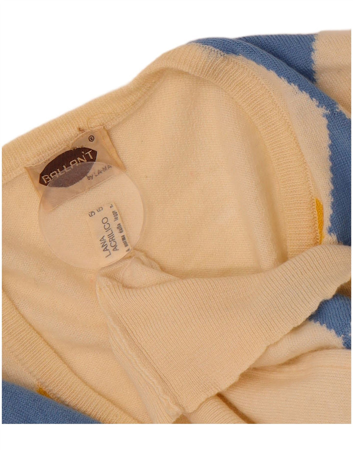 VINTAGE Womens V-Neck Jumper Sweater UK 14 Medium Beige Argyle/Diamond