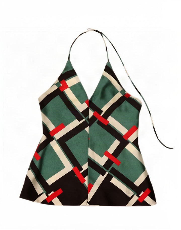 Zara Damen Neckholder-Top UK 6 XS Grünes geometrisches Polyester