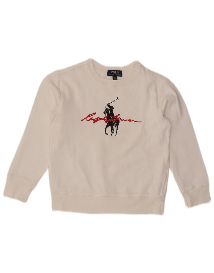 POLO RALPH LAUREN Boys Graphic Sweatshirt Jumper 7-8 Years Small White