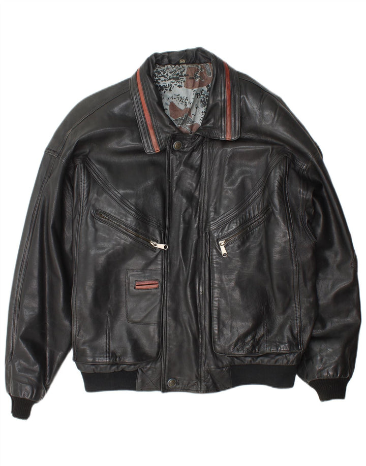 Angelo Litrico Herren Bomber-Lederjacke IT 50 Großes schwarzes Leder