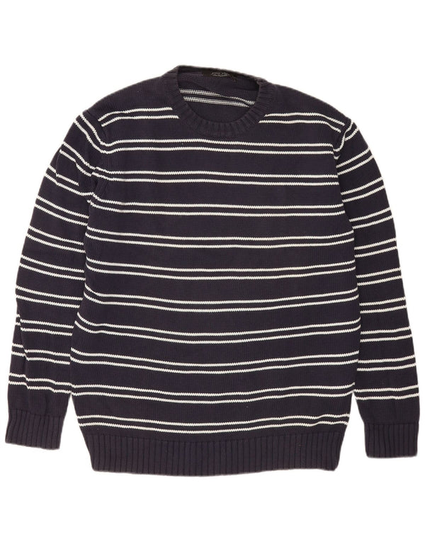 Zara Herren-Pullover mit Rundhalsausschnitt, XL, marineblau, gestreift, Baumwolle