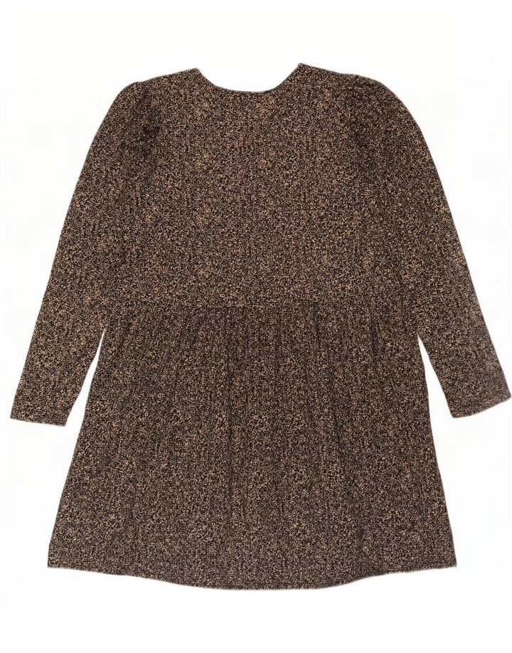 Zara Damen Langarm-Basic-Kleid UK 14 Mittelbraunes, geblümtes Polyester