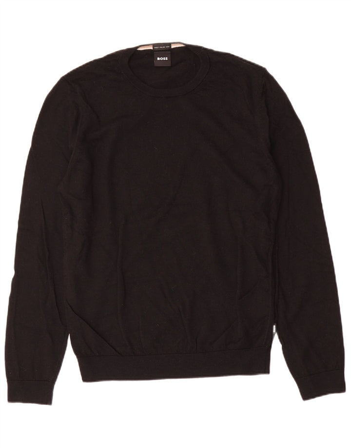 Hugo Boss Herren-Pullover mit Rundhalsausschnitt, mittelschwarze Wolle