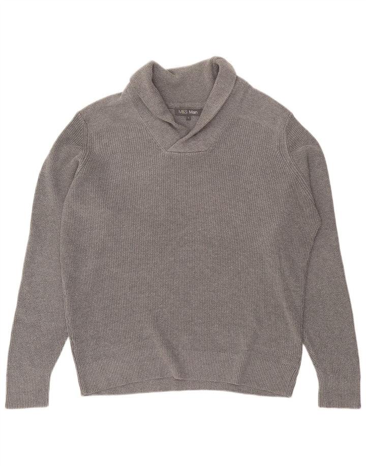 Marks & Spencer Herren-Pullover mit Schalkragen, groß, aus grauer Baumwolle