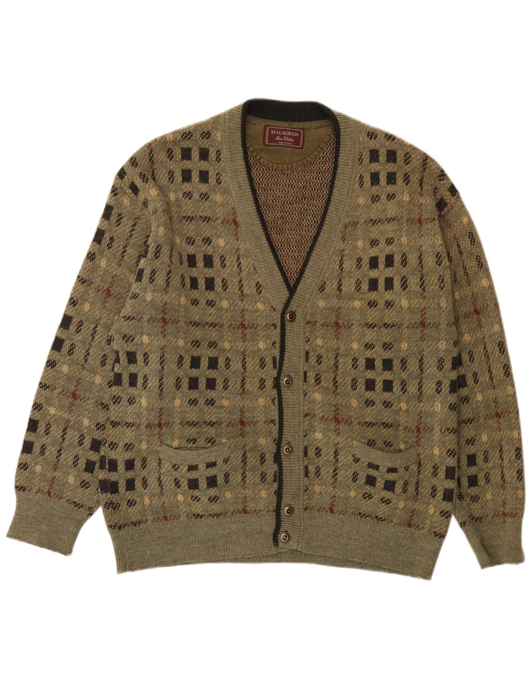 Malagrida Herren-Strickjacke, groß, Khaki, geometrisch