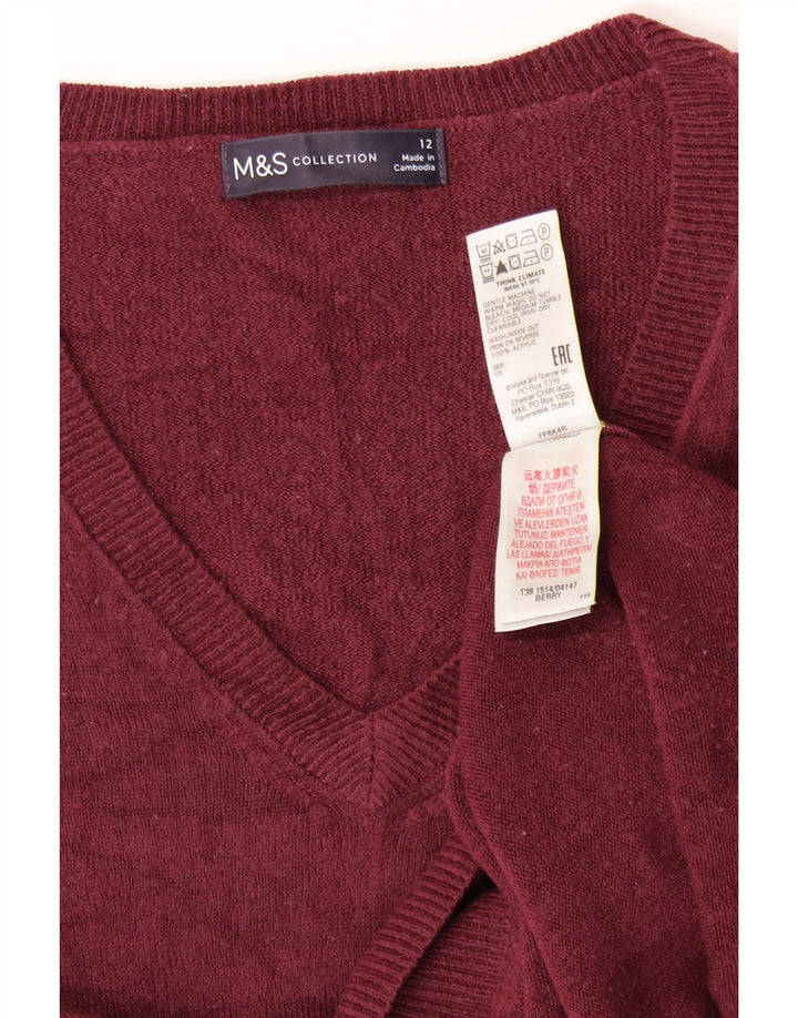 MARKS & SPENCER Womens Crop V-Neck Jumper Sweater UK 12 Medium Burgundy