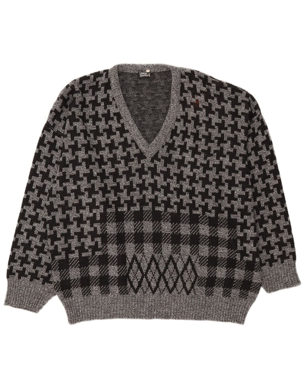 Vintage Mens V-Neck Jumper Sweater IT 56 2XL Grey Houndstooth Acrylic