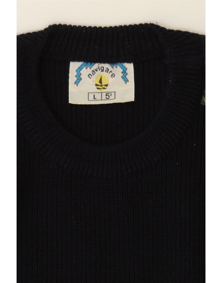 NAVIGARE Mens Crew Neck Jumper Sweater Large Navy Blue Wool Vintage Navigare and Second-Hand Navigare from Messina Hembry 