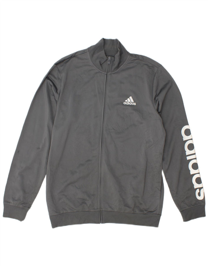 Adidas Herren-Trainingsanzug mit grafischem Oberteil, mittelgraues Polyester