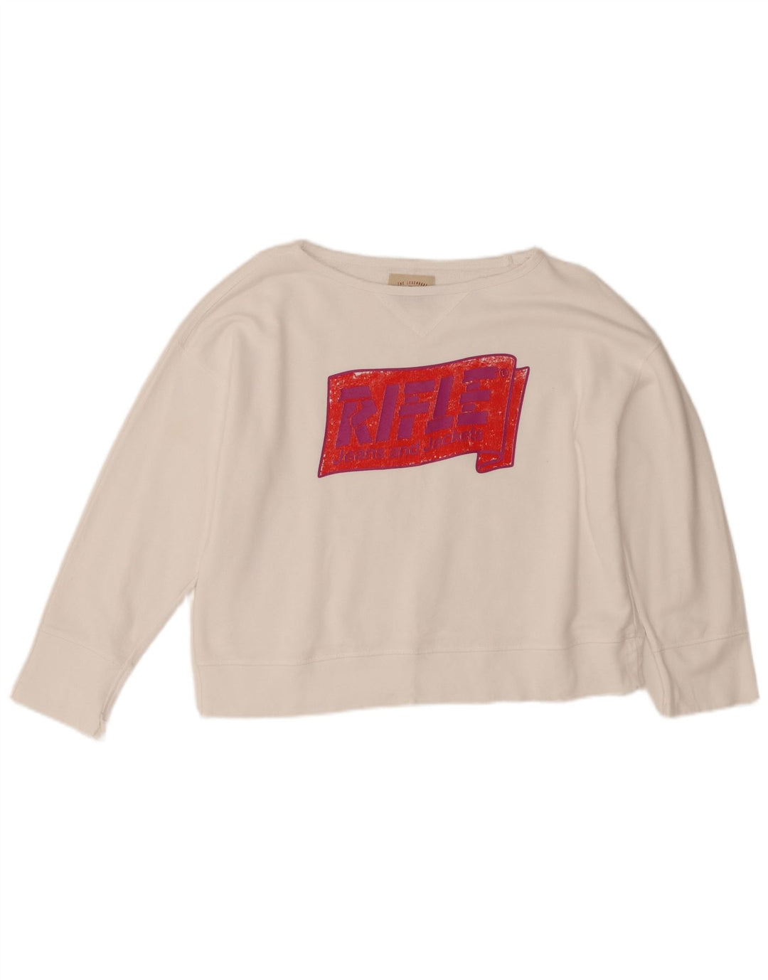 Rifle Womens Graphic Crop Sweatshirt Pullover UK 16 Large Weiße Baumwolle