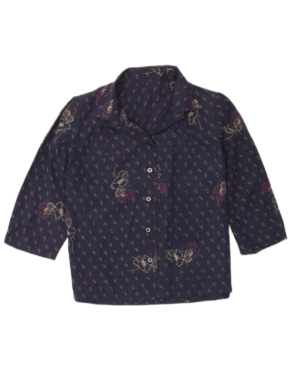 Vintage Damen 3/4-Ärmel-Hemdbluse UK 12 Medium Navy Blue Floral