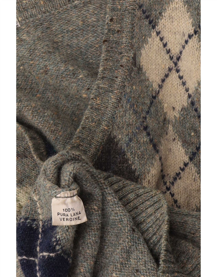 Vintage Herren-Pullover mit V-Ausschnitt, mittelgraue Argyle-/Diamant-Schurwolle