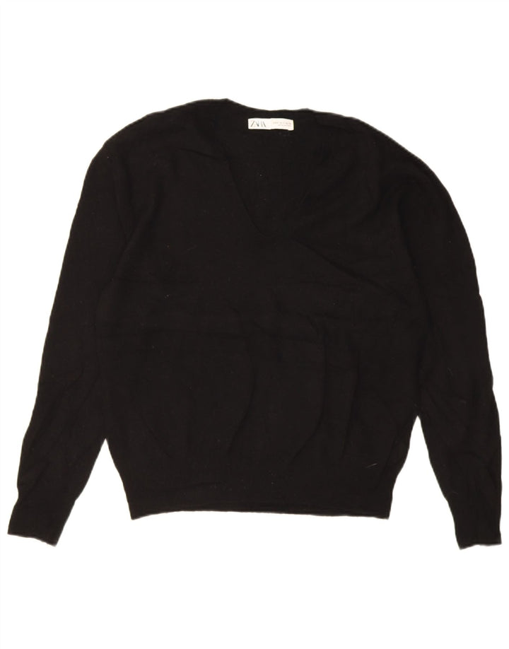 Zara Damen-Pullover, übergroß, V-Ausschnitt, Gr. 10, Größe S, schwarze Wolle