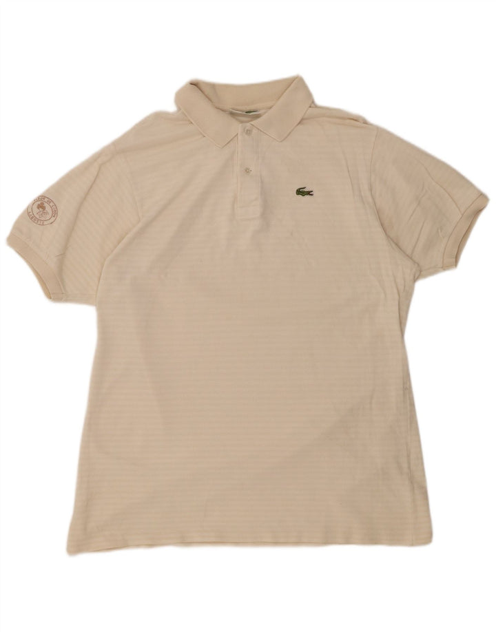 LACOSTE Herren-Poloshirt, Größe 7 2XL, cremefarbene, gestreifte Baumwolle
