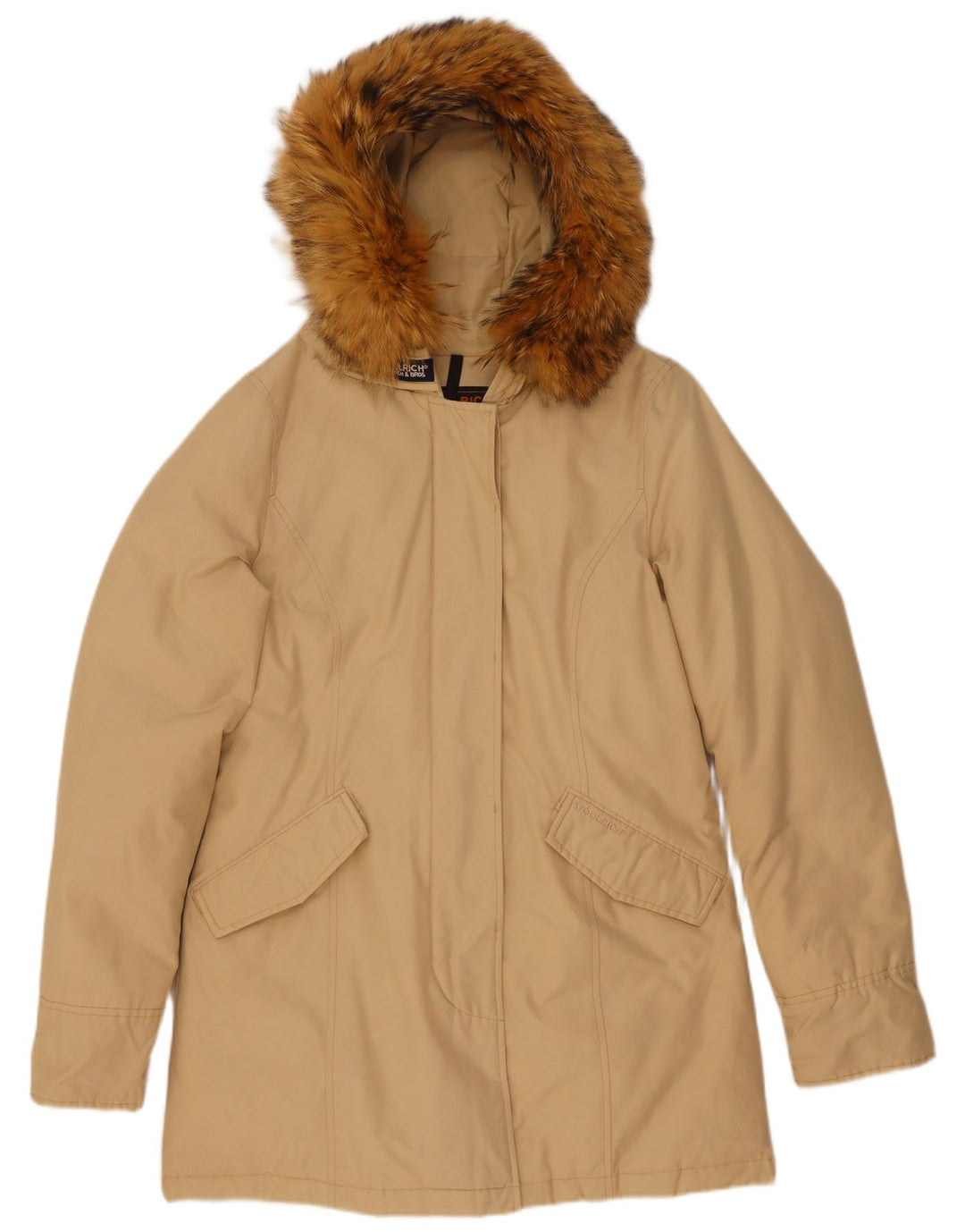 Woolrich Wattierter Damenmantel mit Kapuze, UK 14, mittelbeige Baumwolle