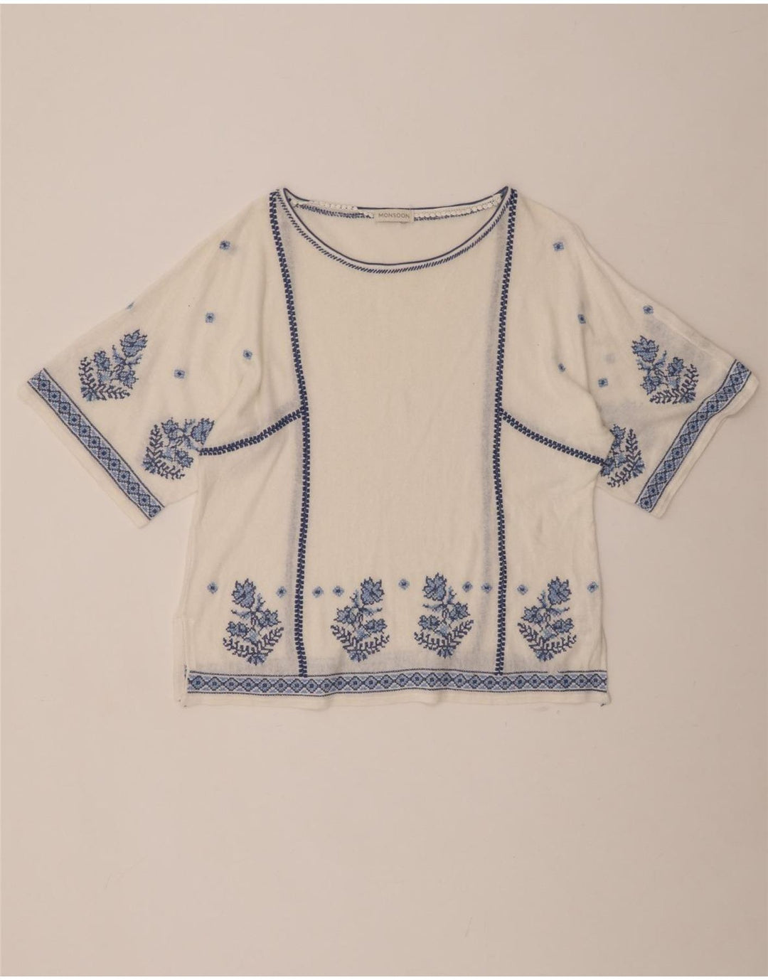 MONSOON Damen-Blusenoberteil, UK-Größe 46, Größe L, gebrochenes Weiß, geblümtes Leinen