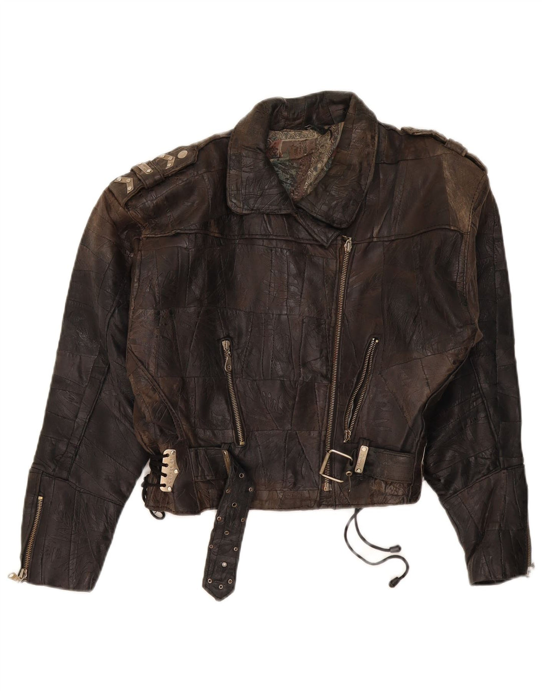 DR MARTENS Damen Crop Leder Bikerjacke UK 18 XL Braun Patchwork