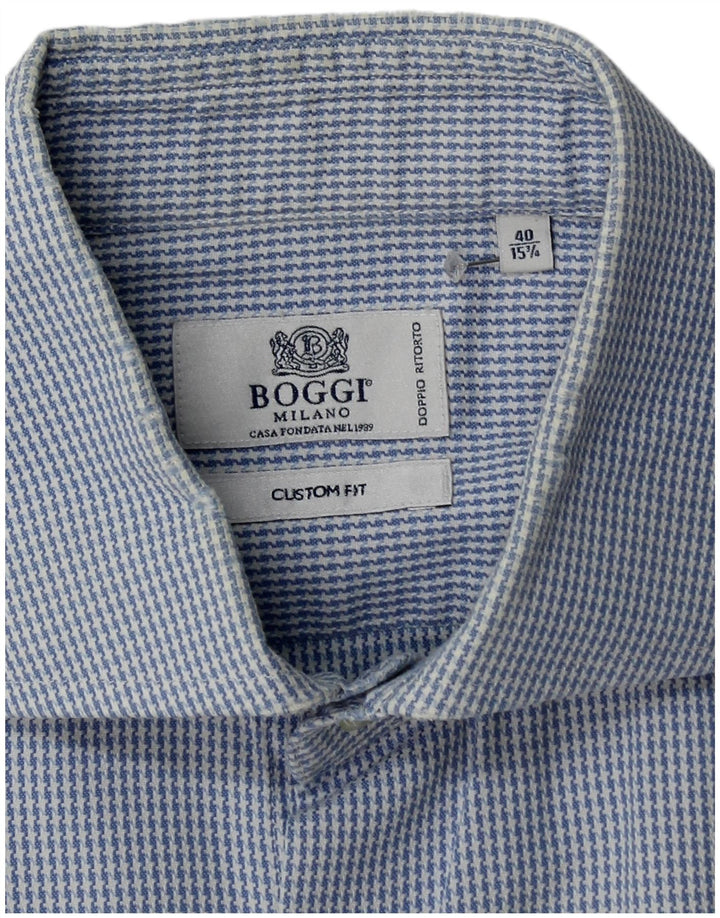 Boggi Herren-Hemd mit individueller Passform, Größe 40, 15 1/2, mittelblaue Hahnentritt-Baumwolle
