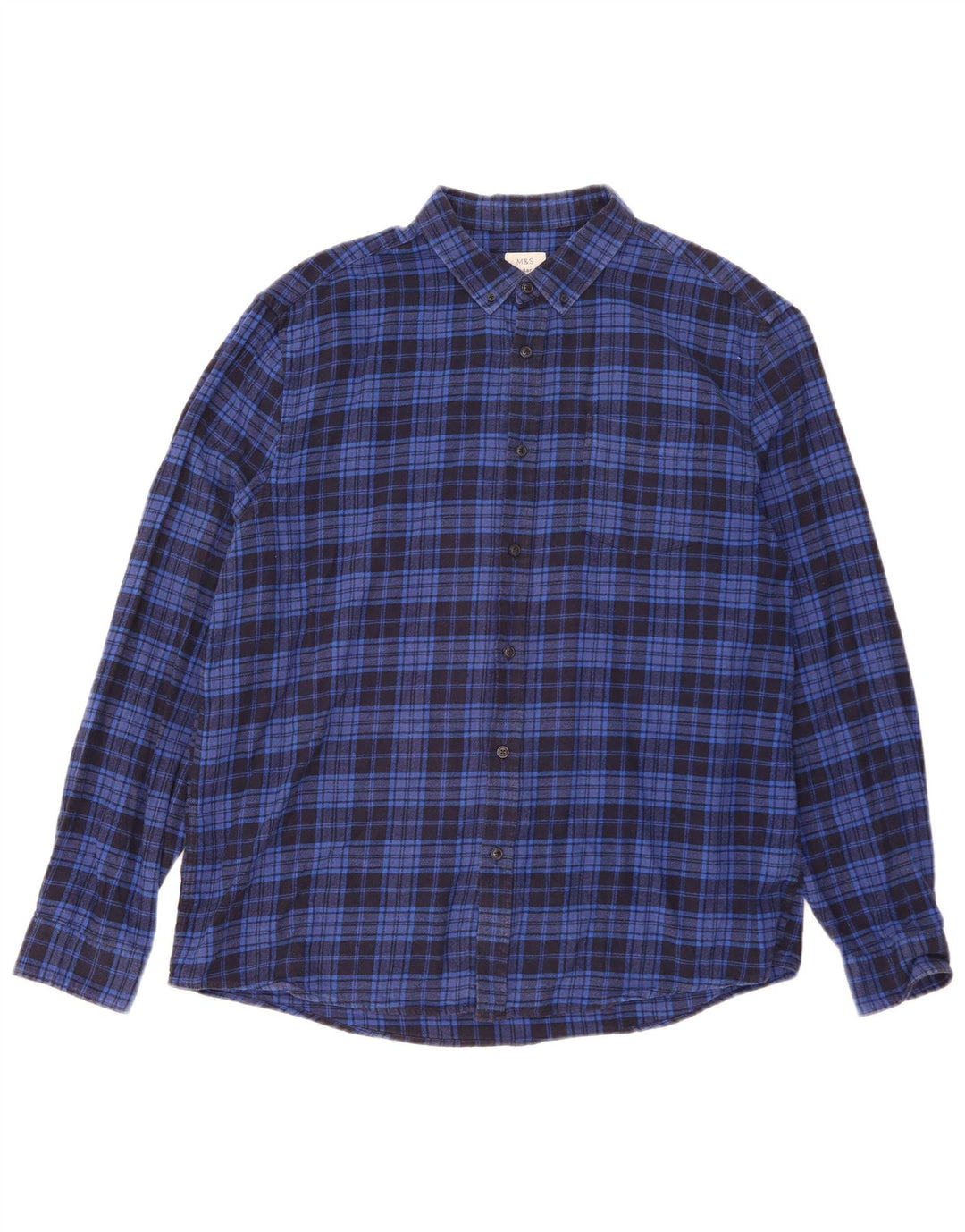 Marks & Spencer Herren-Flanellhemd mit normaler Passform, XL, blau kariert, Baumwolle