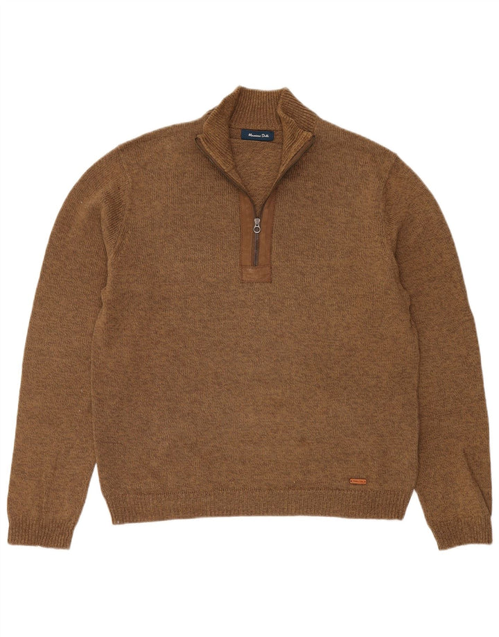 Massimo Dutti Herren-Pullover mit Reißverschluss am Hals, großes braunes Leinen