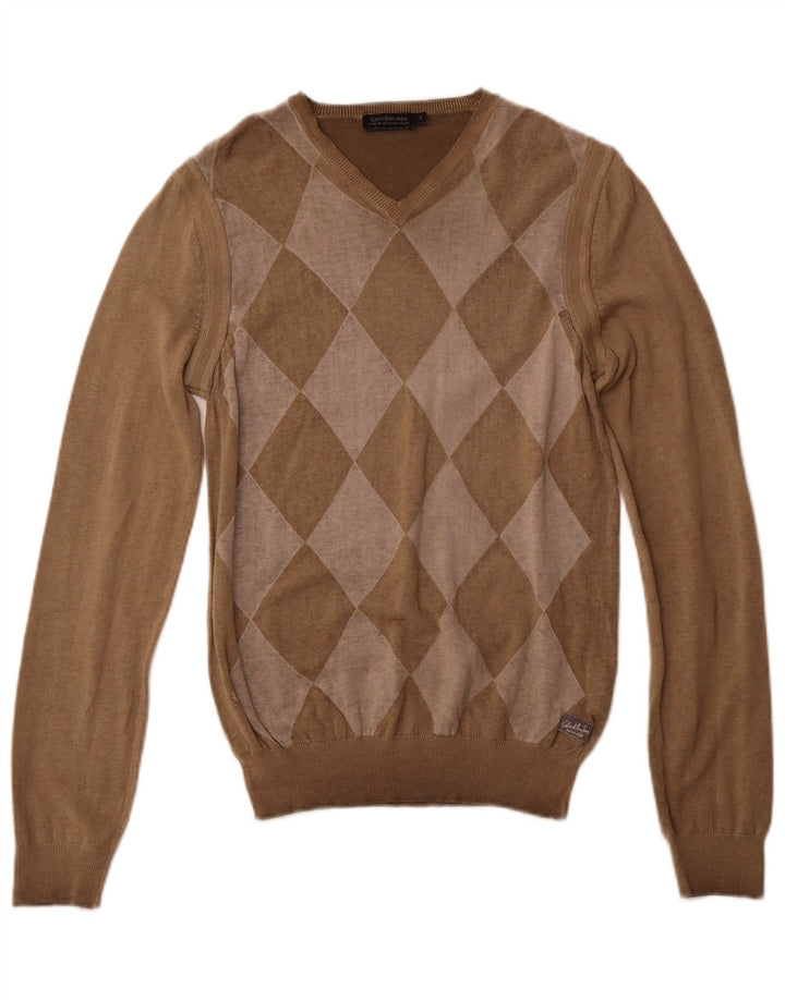 CALVIN KLEIN JEANS Herren-Pullover mit V-Ausschnitt, klein, braun, Argyle/Diamant